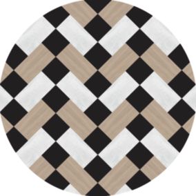 Tapis vinyle rond motif rectangles, carrés blancs, noirs et naturels et bois ⌀99cm x ep. 2mm