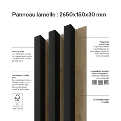 Tasseau décoratif lambris lamelles Linea Slim Black MDF noir et chêne 15 x 265 cm, ép. 30mm