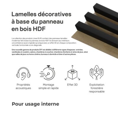 Tasseau décoratif lambris lamelles Linea Slim Black MDF noir et chêne 15 x 265 cm, ép. 30mm