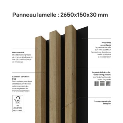 Tasseau décoratif lambris lamelles Linea Slim MDF noir et chêne 15 x 265 cm, ép. 30mm