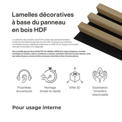 Tasseau décoratif lambris lamelles Linea Slim MDF noir et chêne 15 x 265 cm, ép. 30mm