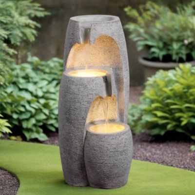 Teamson Home Fontaine 3 niveaux moderne LED cascade extérieure finition grise