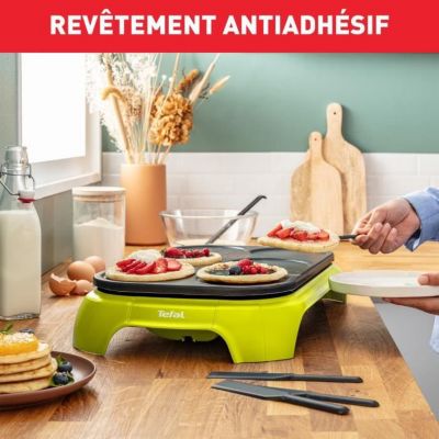 TEFAL Appareil à crêpes, 6 empreintes, Revêtement antiadhésif, 6 spatules et 1 louche incluses, Fabriqué en France PY559312