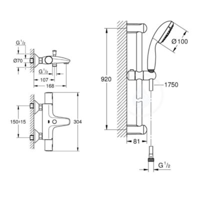 Tempesta 100 ensemble de douche complet 3 jets + mitigeur thermostatique bain/douche 1/2", chrome (34598000-28789002)