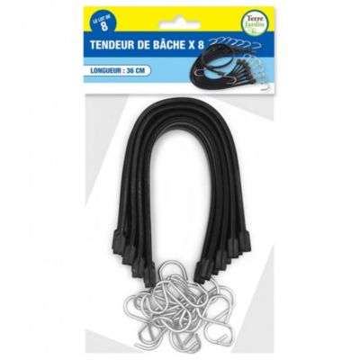 Tendeurs plats pour bâche 36 cm extensibles à 75 cm lot de 8 avec crochets robustes