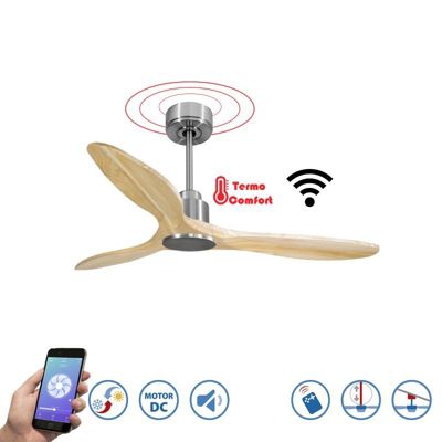 Tenerife- Super destratificateur et ventilateur DC 132 cm  Chrome pales bois clair sans Lumière 25 à 35 m²