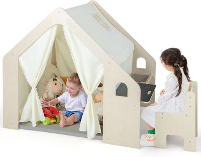 Tente Activité en Bois pour Enfants Tente de Jeu 6 en 1 avec Tableau Noir Table Chaise Bac Tapis