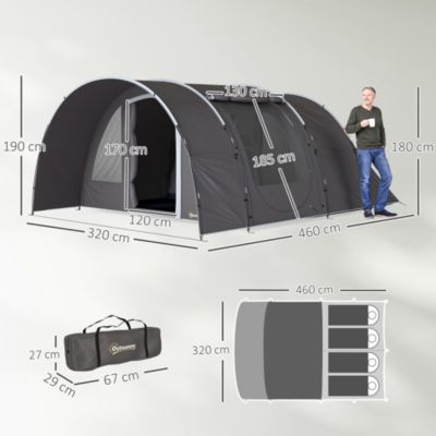 Tente camping 6 places - tente tunnel familiale - imperméabilité 5000mm - dim. 4,6 x 3,2 x 1,9 m - sac inclus - gris