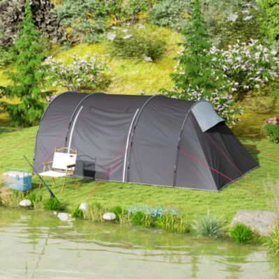 Tente camping 6 places - tente tunnel familiale - imperméabilité 5000mm - dim. 4,6 x 3,2 x 1,9 m - sac inclus - gris