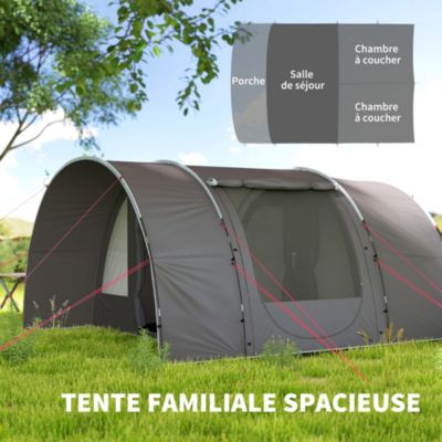 Tente camping 6 places - tente tunnel familiale - imperméabilité 5000mm - dim. 4,6 x 3,2 x 1,9 m - sac inclus - gris