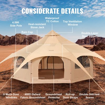 Tente de Cloche en Toile de Coton de Camping Familial imperméable en Plein air Yourte Glamping de Luxe (Bell Tent, Diamètre 4M