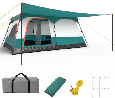 Tente de Camping avec Auvent, Grande Tente Familiale avec 2 Chambres 2 Portes 2 Fenêtres en Maille Double Toit Amovible