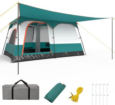Tente de Camping avec Auvent, Grande Tente Familiale avec 2 Chambres 2 Portes 2 Fenêtres en Maille Double Toit Amovible