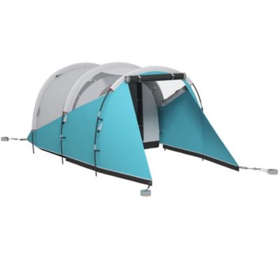 Tente de camping familiale 4-5 personnes - tente tunnel 2 portes fenêtres - dim. 4,6 x 2,6 x 1,9 m - bleu gris