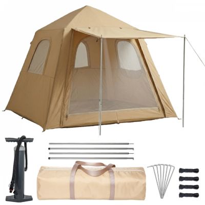 Tente de camping gonflable 2 à 3 personnes avec auvent, pompe et sac de transport - 2.10 x 2.10 x 1.55 m - Beige - Linxor