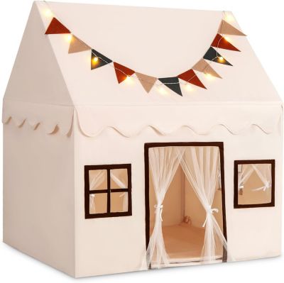 Tente de Jeu Enfants avec Lumières LED en Forme d'Étoiles, Tapis Antidérapant,3 Fenêtres pour Filles et Garçons de 3 à 14 Ans