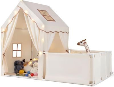 Tente Enfant Interieur avec Parc, Cabane Enfant Interieure 2 en 1 avec Lumières Étoilées, Tapis en Coton Lavable, Porte, Beige