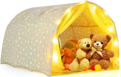 Tente Enfant Interieur, Tente de Lit avec Tissu Phosphorescent, Lumières Étoiles, Flanelle Lavable, Baldaquin Portable