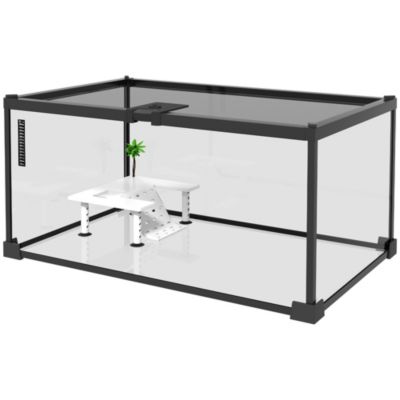 Terrarium en verre - couvercle grillagé coulissant verrouillable - accessoires, thermomètre inclus - métal noir verre