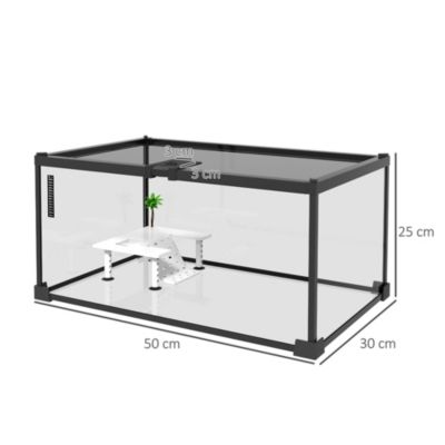 Terrarium en verre - couvercle grillagé coulissant verrouillable - accessoires, thermomètre inclus - métal noir verre