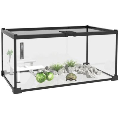 Terrarium en verre - couvercle grillagé coulissant verrouillable - accessoires, thermomètre inclus - métal noir verre