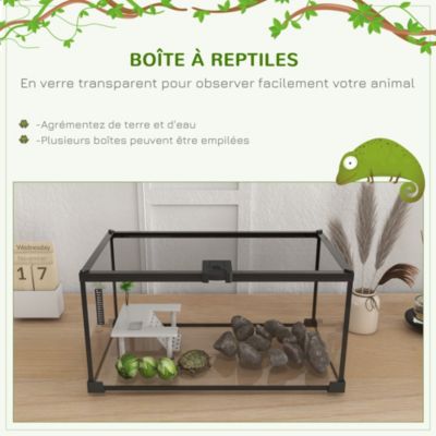 Terrarium en verre - couvercle grillagé coulissant verrouillable - accessoires, thermomètre inclus - métal noir verre