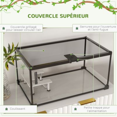 Terrarium en verre - couvercle grillagé coulissant verrouillable - accessoires, thermomètre inclus - métal noir verre