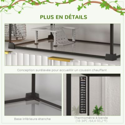 Terrarium en verre - couvercle grillagé coulissant verrouillable - accessoires, thermomètre inclus - métal noir verre