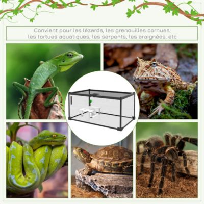 Terrarium en verre - couvercle grillagé coulissant verrouillable - accessoires, thermomètre inclus - métal noir verre