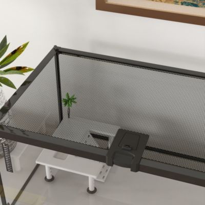 Terrarium en verre - couvercle grillagé coulissant verrouillable - accessoires, thermomètre inclus - métal noir verre