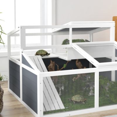 Terrarium enclos tortue 2 espaces toit polycarbonate 3 portes rampe bois gris blanc