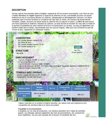 Terreau complet prêt à l'emploi Flori Fleurissement PAE 70L  idéal pour pots et balcon - Florivert NEG01617