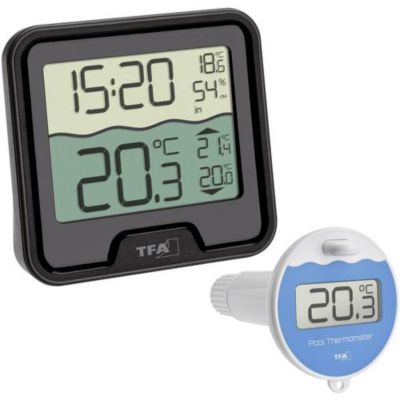 Thermomètre de piscine sans fil Marbella TFA Dostmann noir, capteur flottant 110 mm, récepteur radio.