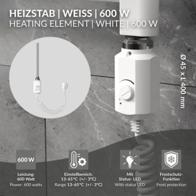 Thermoplongeur 900W Blanc pour Radiateur de Salle de Bain, avec Thermostat Régulateur de Température, Cartouche Chauffante