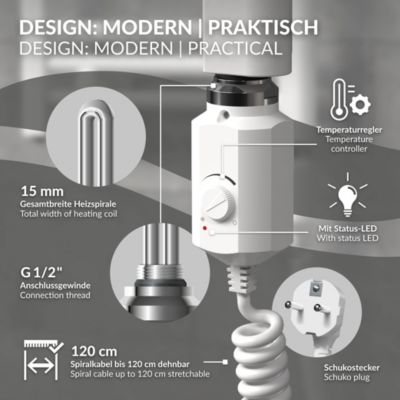 Thermoplongeur 900W Blanc pour Radiateur de Salle de Bain, avec Thermostat Régulateur de Température, Cartouche Chauffante