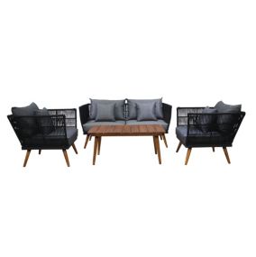 TIAGO - salon bas de jardin 4 places + table - corde et bois - noir et coussins gris - Best Mobilier