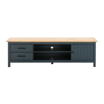 TINA - Pack Salon avec Meuble TV + Table Basse en Bois Ciré et Bleu Pétrole