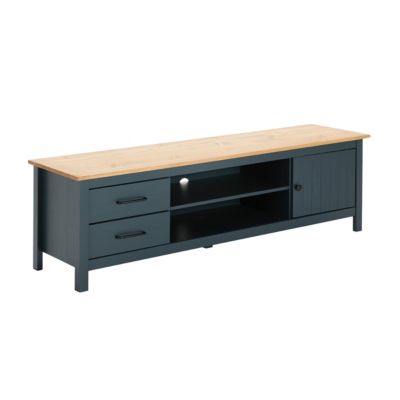 TINA - Pack Salon avec Meuble TV + Table Basse en Bois Ciré et Bleu Pétrole