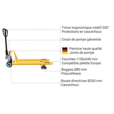 Tire palette manuel couleur jaune - Fourches 1150x540mm idéal palette Europe - Capacité 2500kg - Tous secteurs - AC25CBVJAUNE