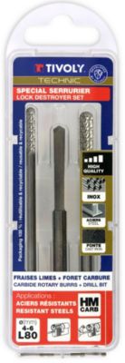 Tivoly - 2 fraises limes rotatives carbureD 4 - 6 mm Longueur 80mm + 1 foret carbure destructeur de verrou