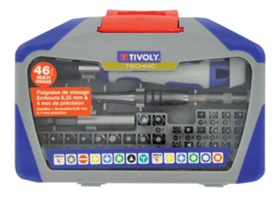 Tivoly - Coffret 46 pcs embouts de vissage hexa 6,35 mm et 4 mm - 1 Poignée de précision - 1 rallonge - 1 Poignée de vissage