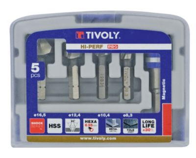 Tivoly - Coffret 5 pièces - 4 fraises à  noyer HSS queue hexa à  90deg D 8,3 à  16,5mm + 1 porte-embout