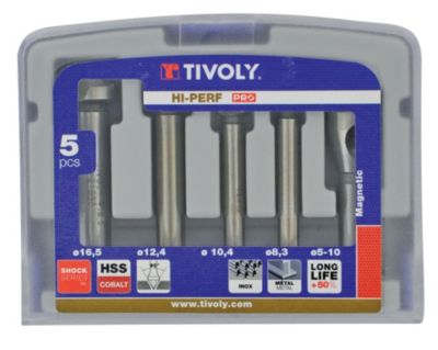 Tivoly - Coffret de 4 fraises à  noyer DIN 335C HSS Cobalt 5% à  90deg - D: 8,3 à  16,5 mm + 1 fraise à  ébavurer 5-10