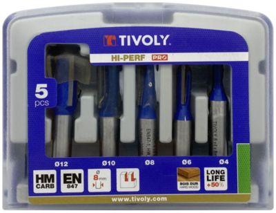 Tivoly - Coffret de 5 Fraises de défonceuse droite à  rainurerD4 à  12mm. QueueD8mm