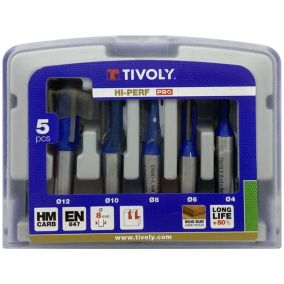 Tivoly - Coffret de 5 Fraises de défonceuse droite à  rainurerD4 à  12mm. QueueD8mm