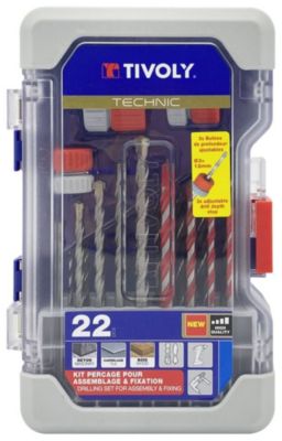 Tivoly - Coffret Ranger 22pcs, Forets Carrelage, Béton, Bois et 3 butées de profondeur pour forets deD3 à  12mm