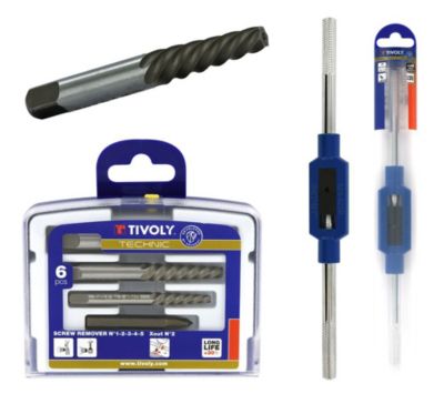 Tivoly - Kit Extracteurs de Vis Cassées M4 à M18 + Tourne Gauche N 2 M4 à M12 - 5 Extracteurs HCS + 1 X-Out D2-8mm + Porte-Taraud