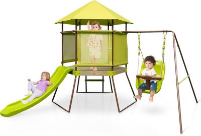Toboggan 4-en-1 Pour Enfant – Aire De Jeux Avec Balançoire, Panier De Basket Et Échelle – Intérieur/Extérieur – Rose – Dès 1 An