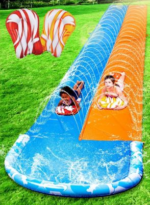 Toboggan Aquatique Double Piste avec Arroseur et 2 Planches Gonflables