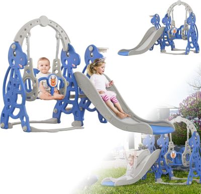 Toboggan autoportant 4 en 1 pour enfants, avec panier de basket, balançoire, cadre d'escalade, en plastique, gris et bleu